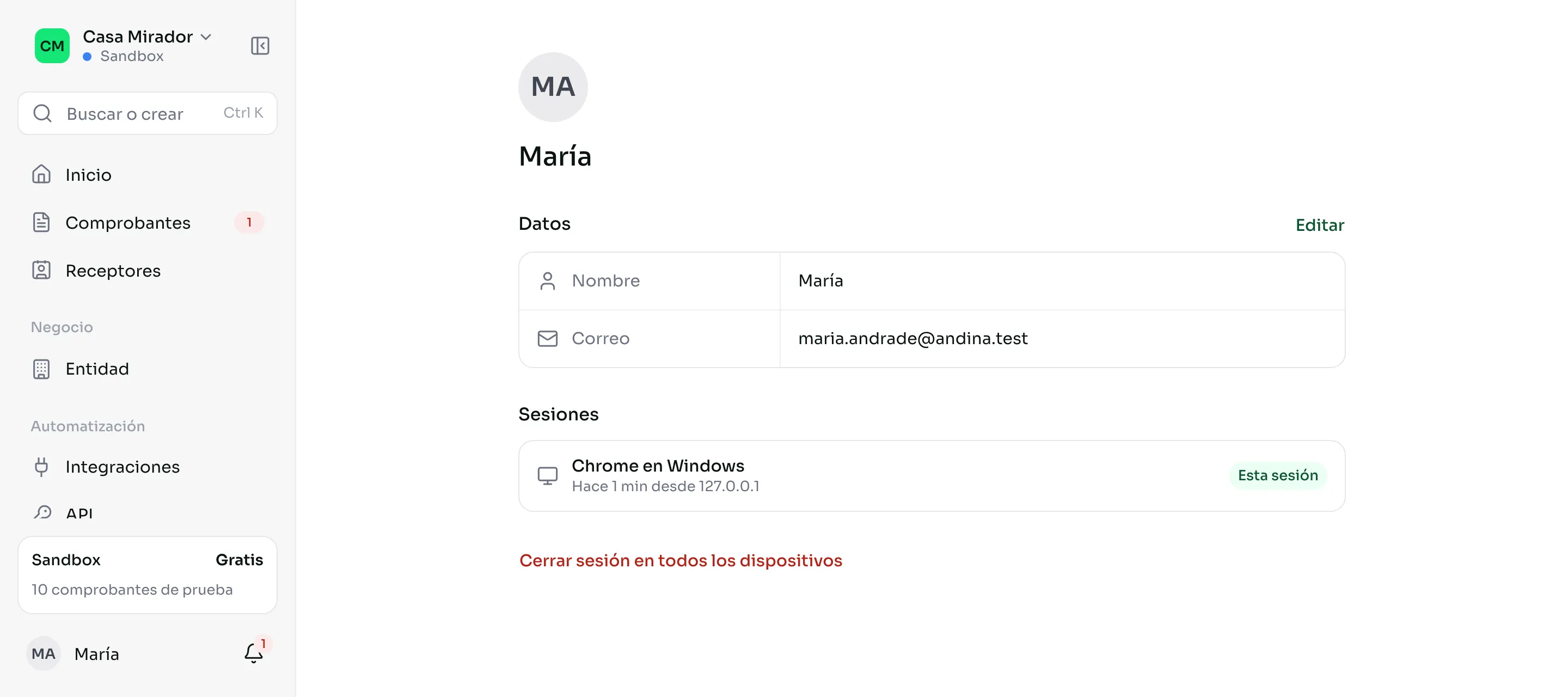 La página de la cuenta con el nombre, el correo y las sesiones abiertas