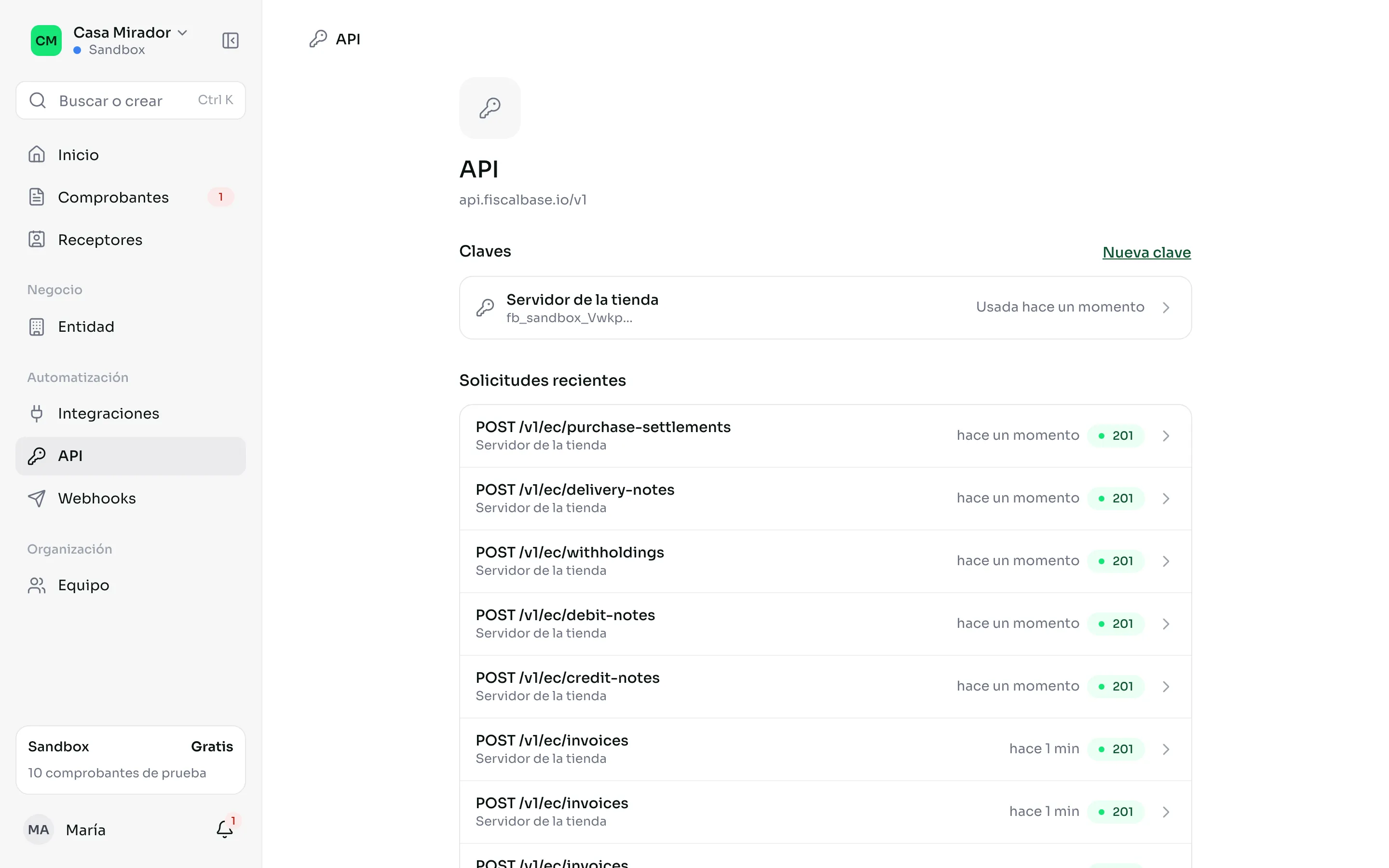 El panel Nueva API key con su nombre, ambiente y permiso