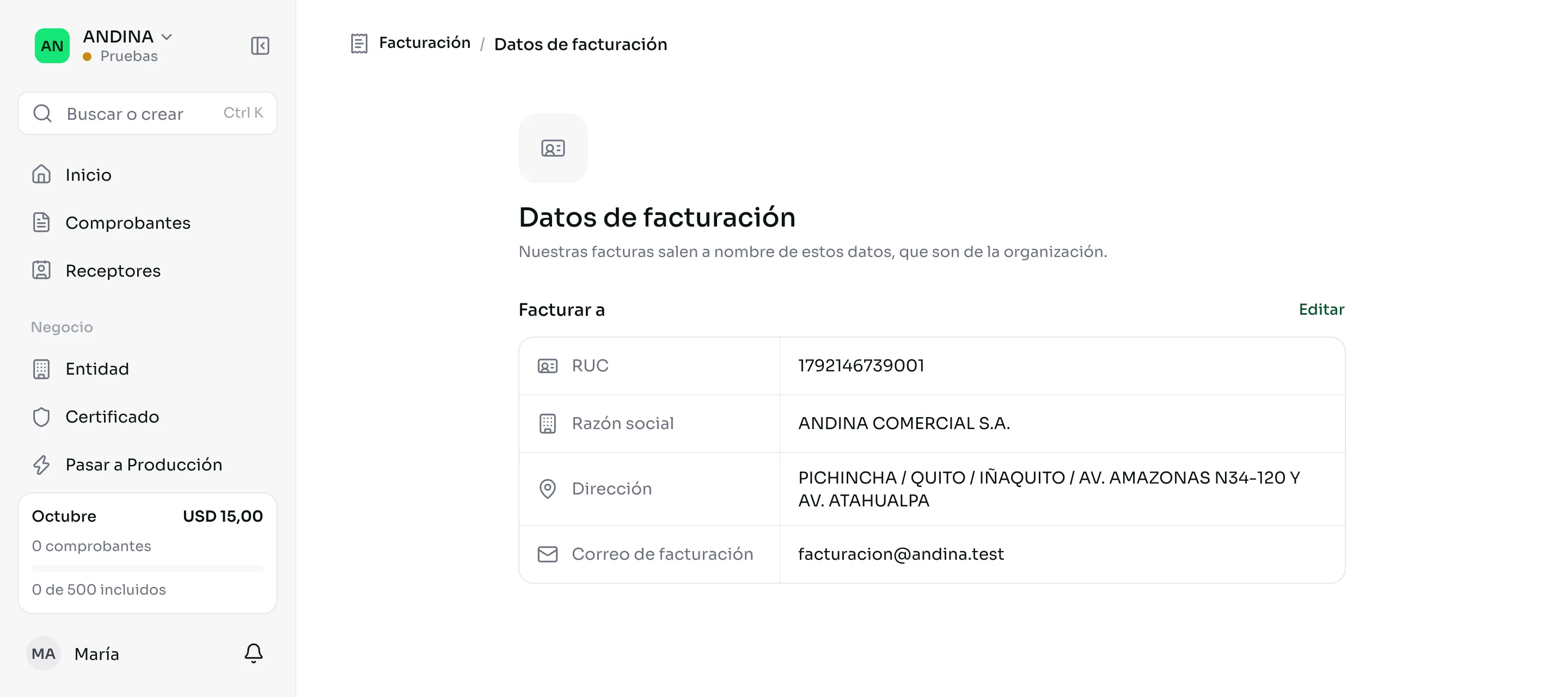 La página de datos de facturación del negocio