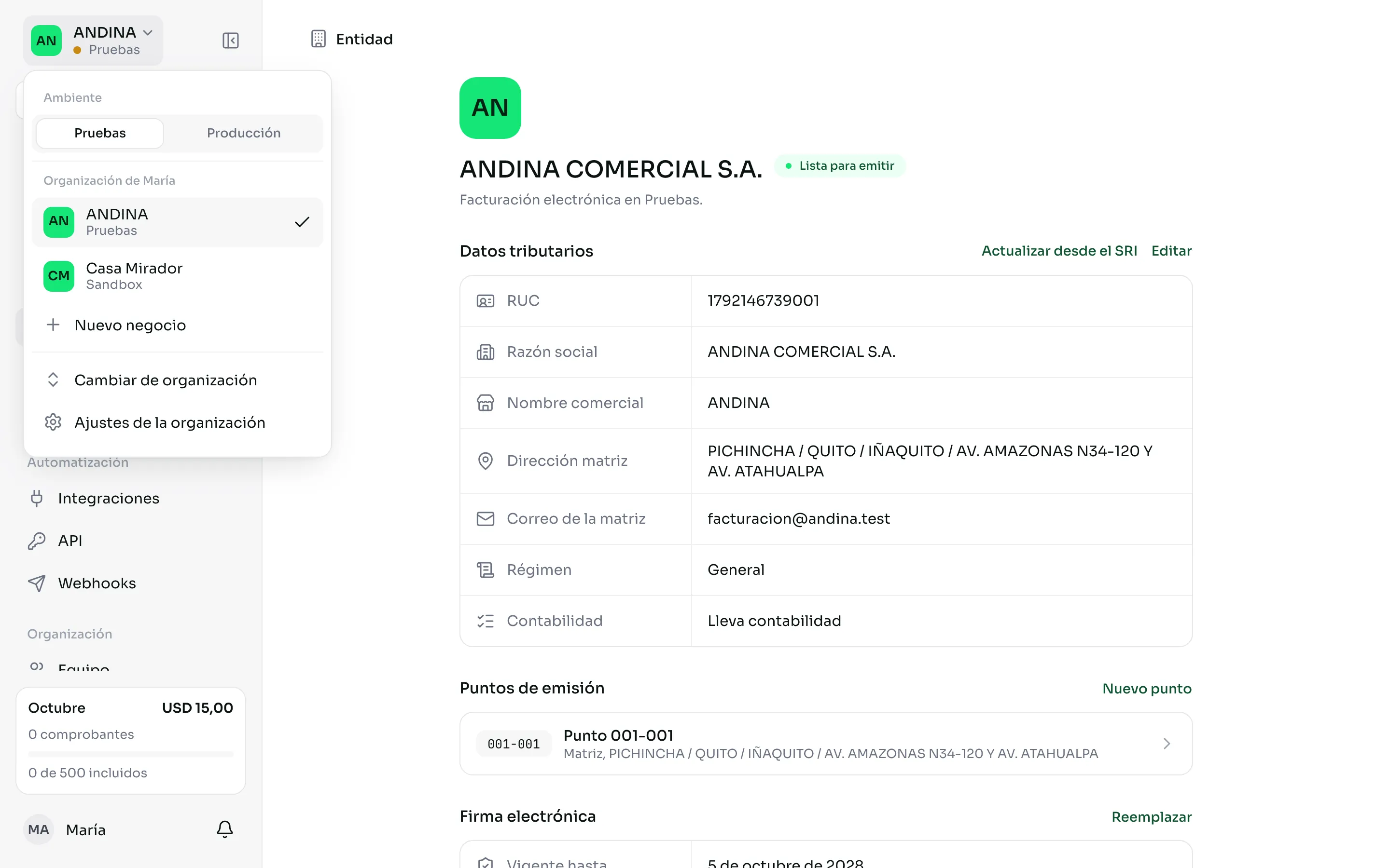 El selector de negocio con los ambientes Pruebas y Producción y la lista de negocios