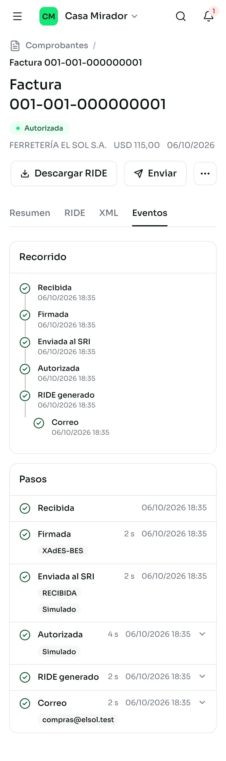 El recorrido de un comprobante como lista vertical en la pantalla de un teléfono