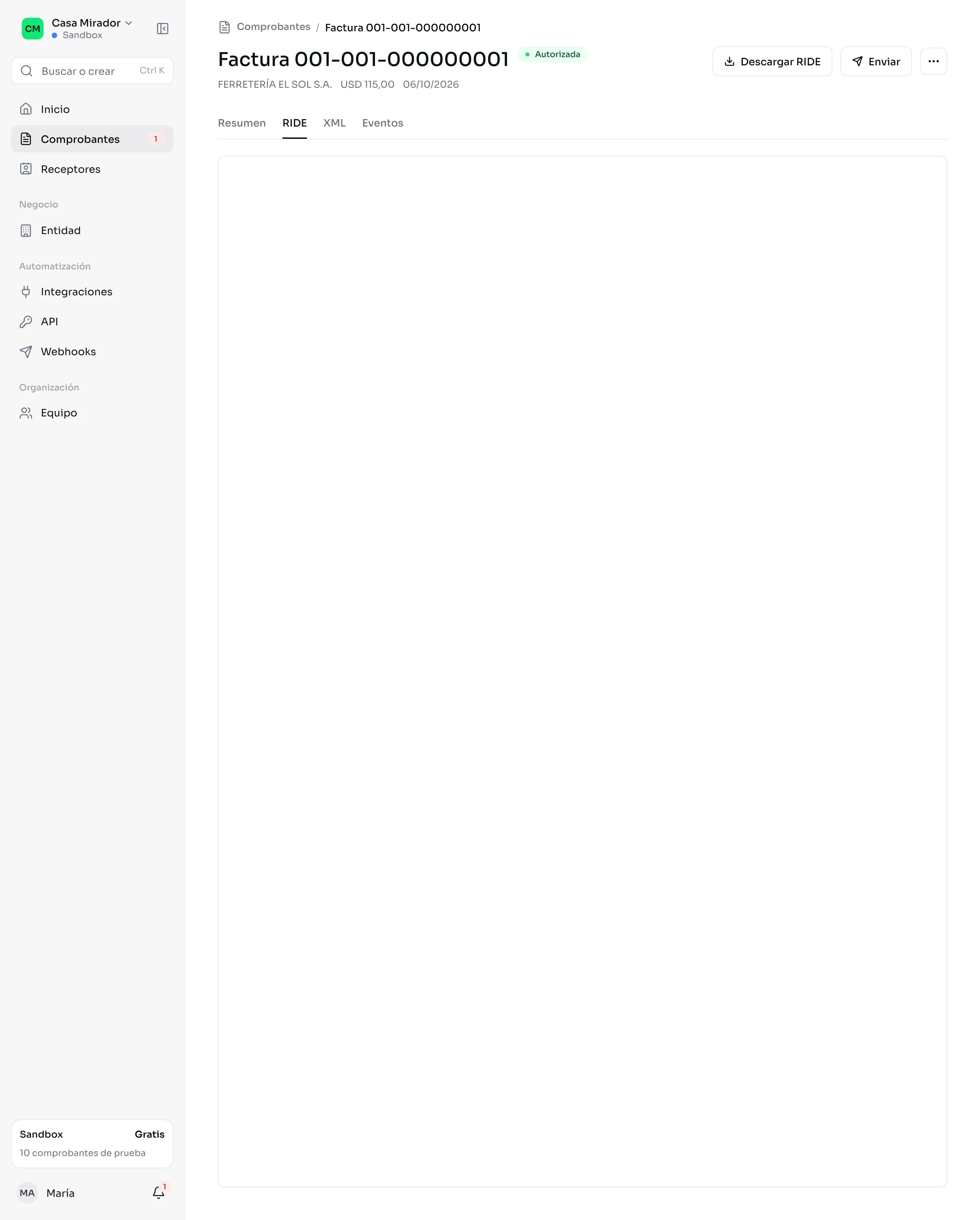 La pestaña RIDE de una factura con el PDF en la página