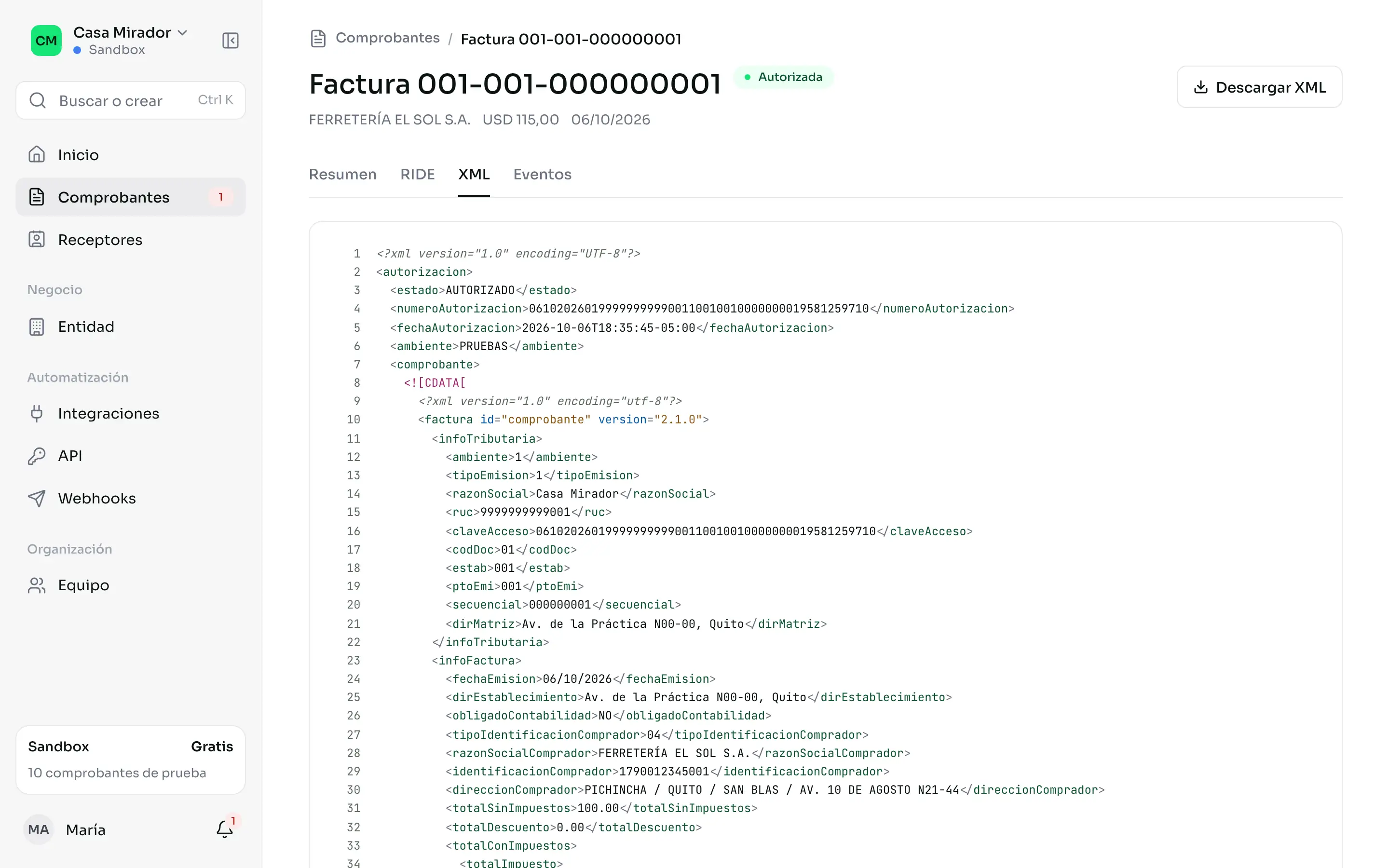 La pestaña XML de una factura con el XML autorizado coloreado