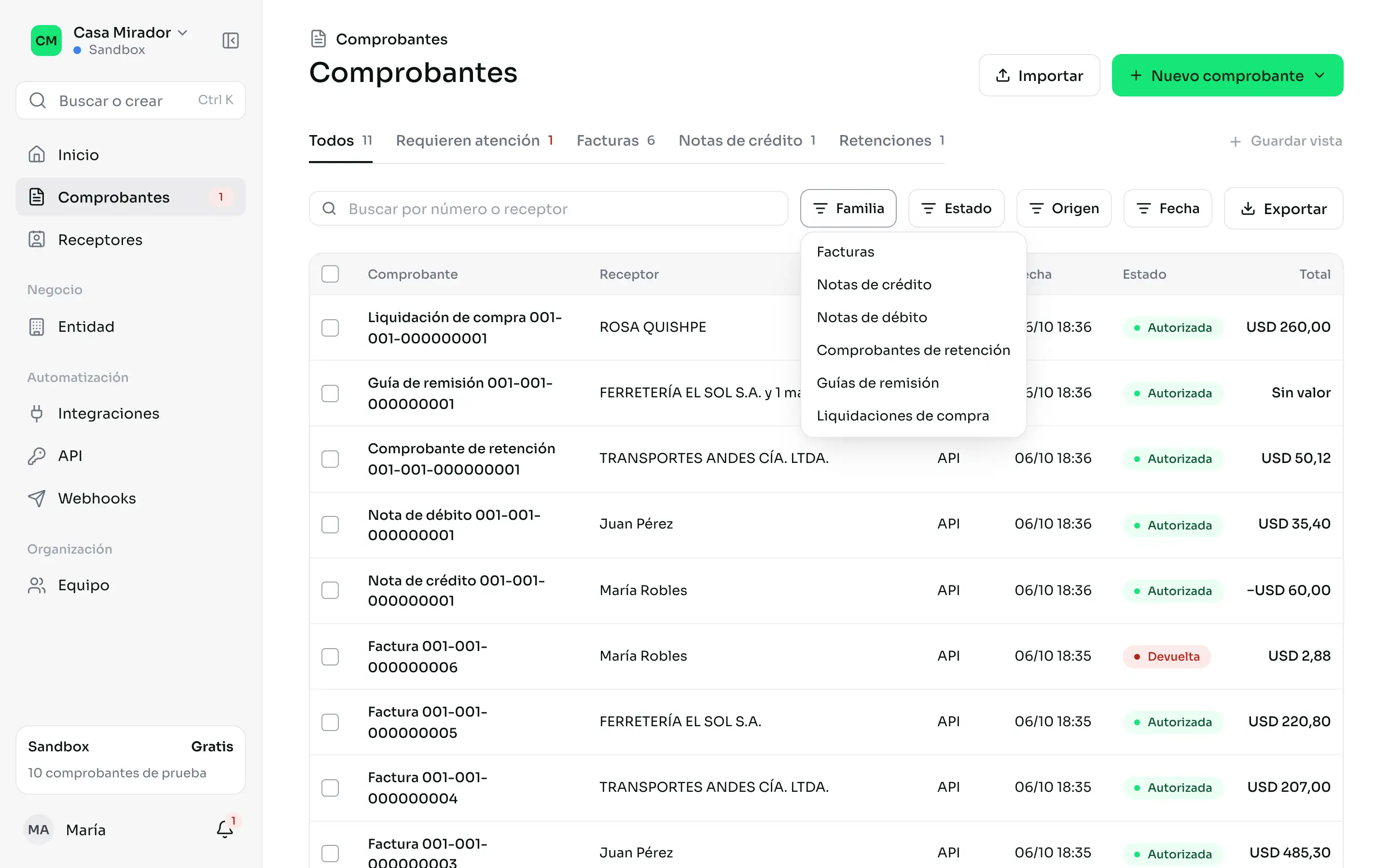 El filtro por familia abierto sobre la lista de comprobantes