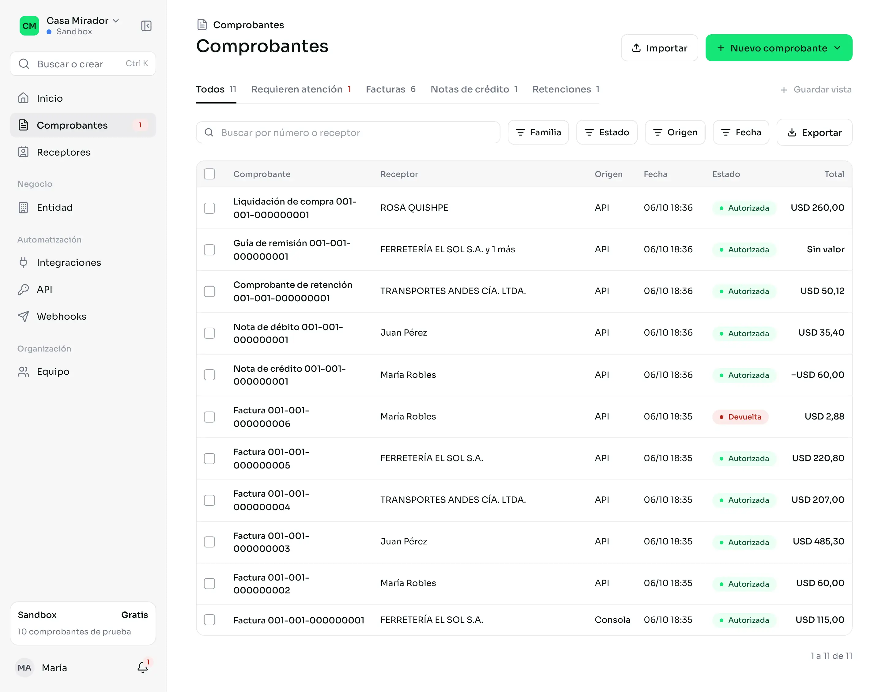 La lista de comprobantes con sus pestañas, filtros, estados y totales