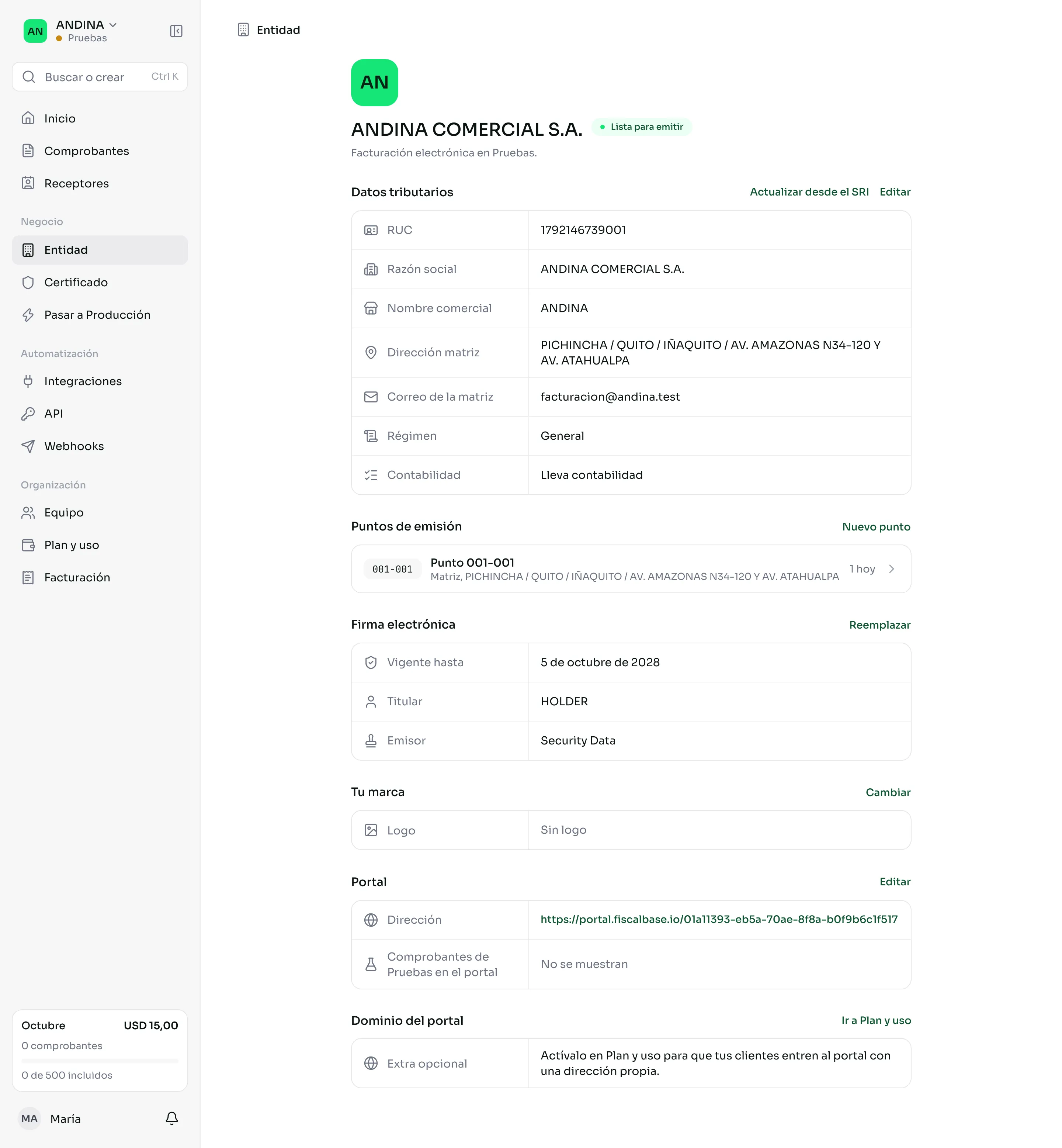 La página Entidad de un negocio en vivo con sus datos tributarios, puntos de emisión y firma