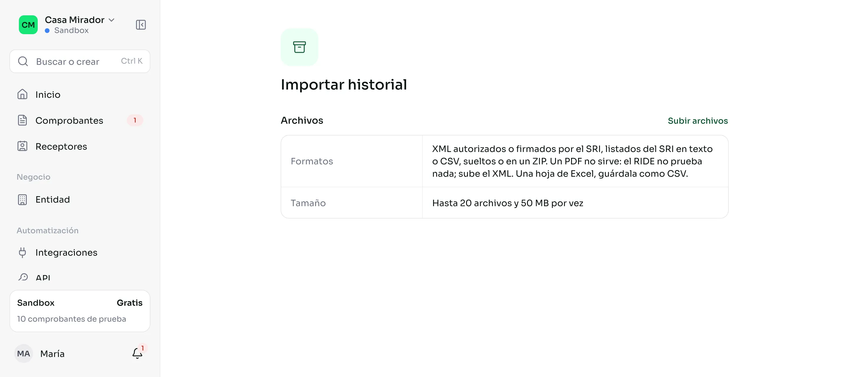 Importar historial con los formatos aceptados y el botón Subir archivos