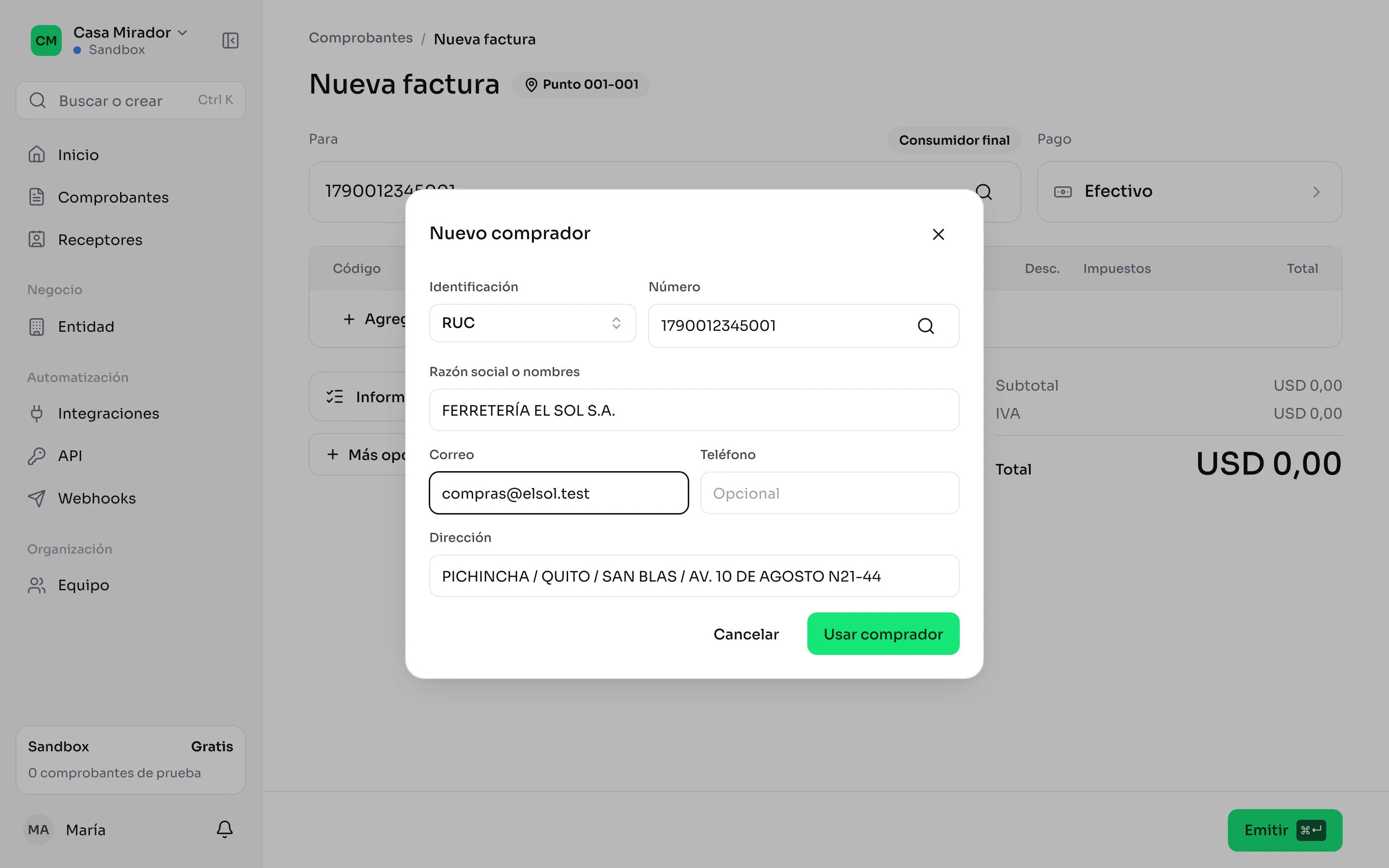 La ventana Nuevo comprador con los datos que trajo la consulta al SRI
