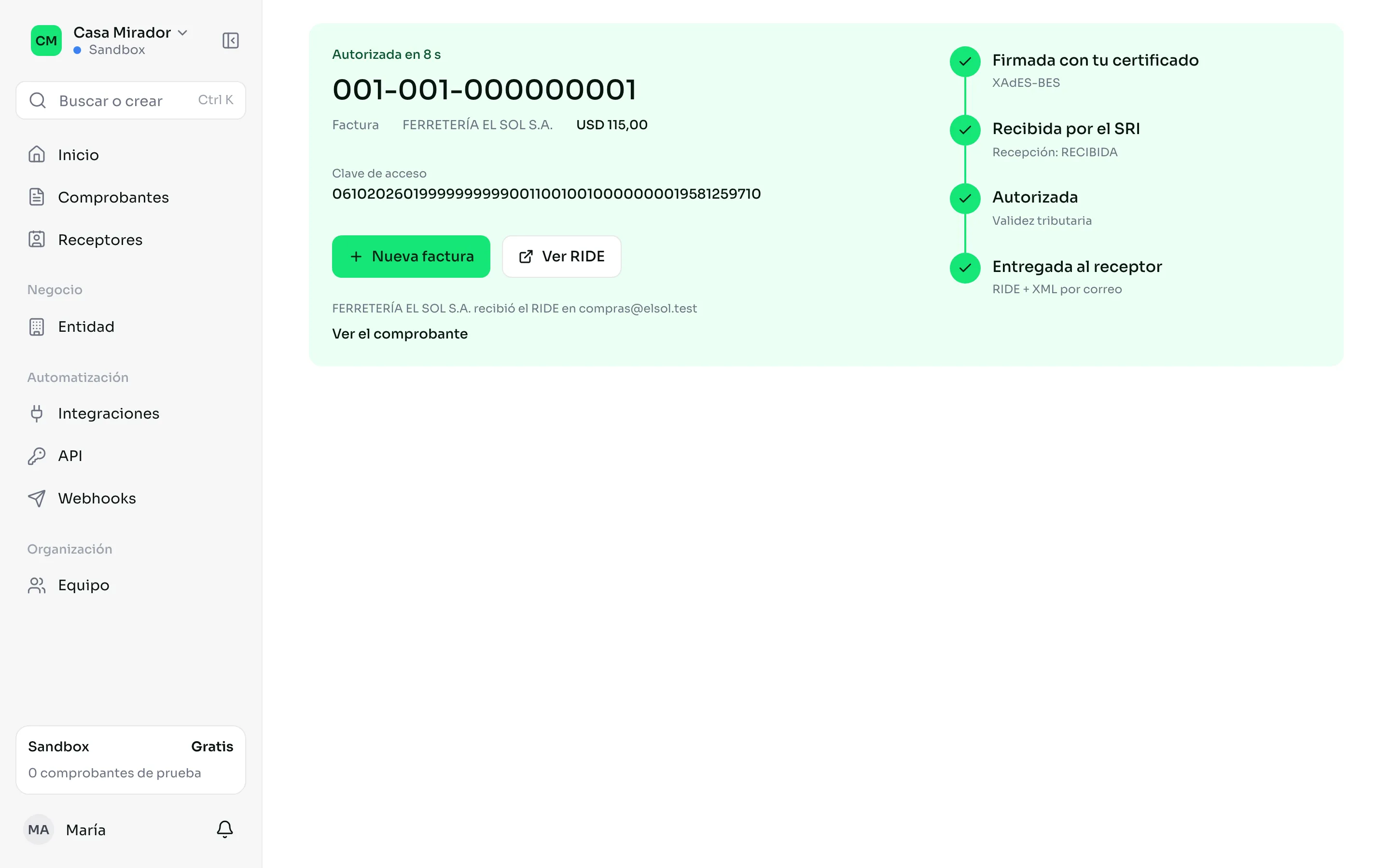 El panel que sigue la factura hasta su autorización y la entrega por correo