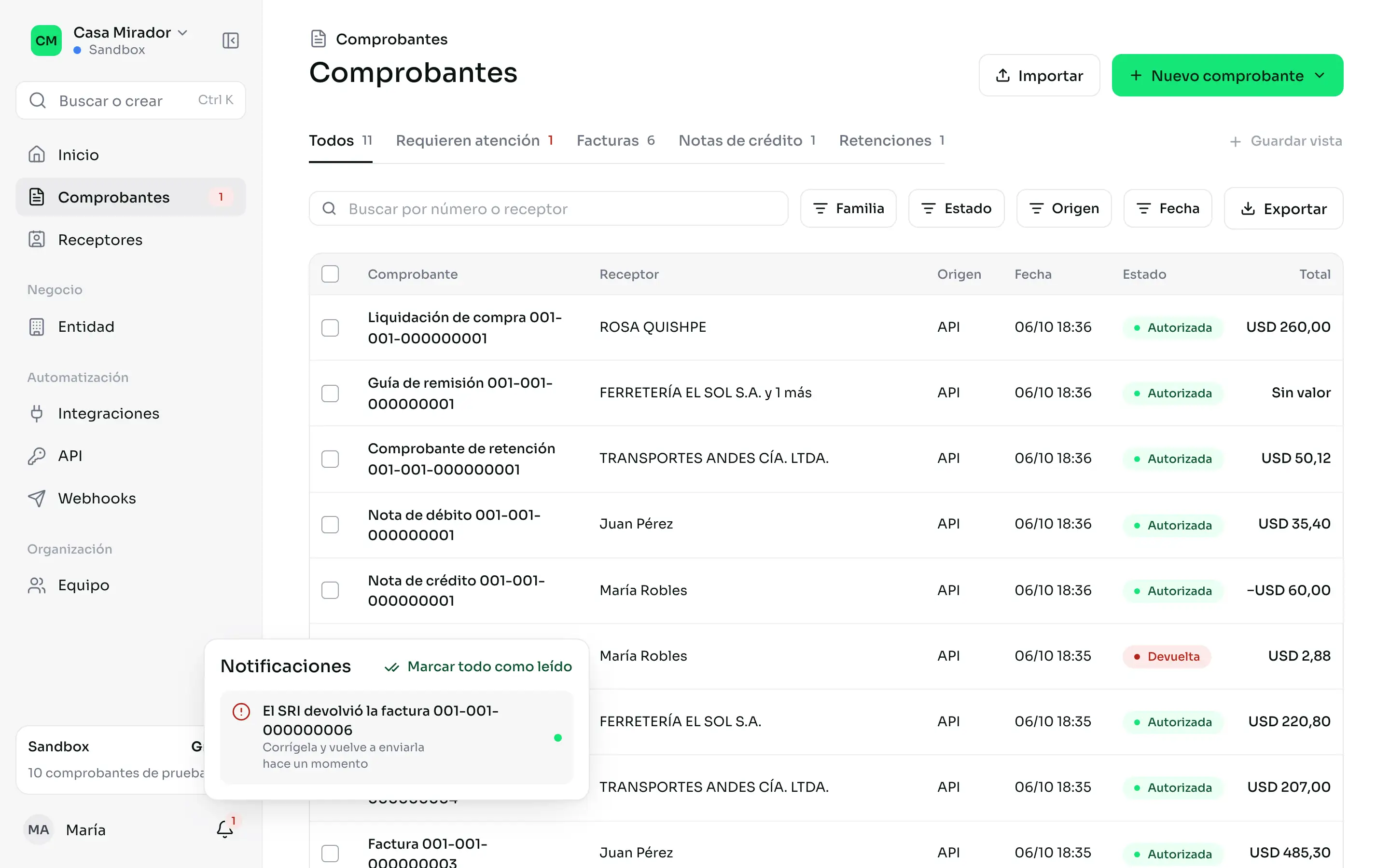 La campana de notificaciones abierta