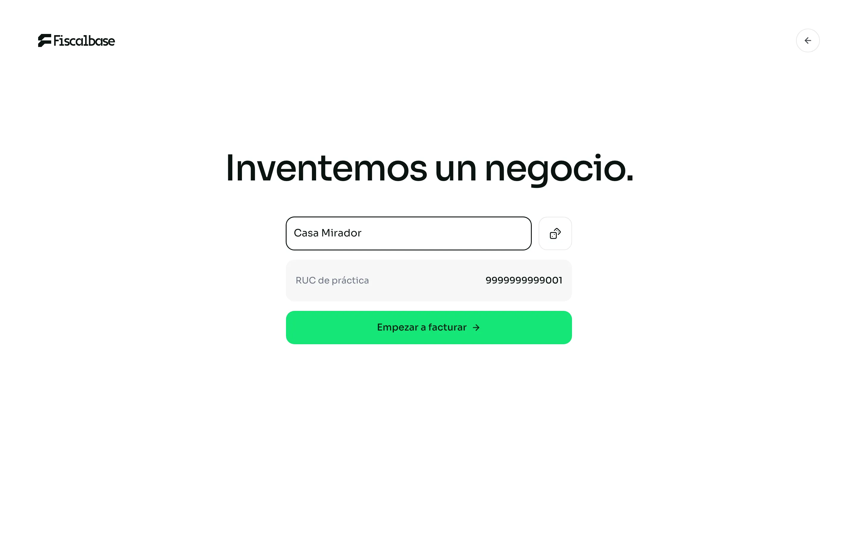 La pantalla para crear un negocio de práctica con un nombre inventado
