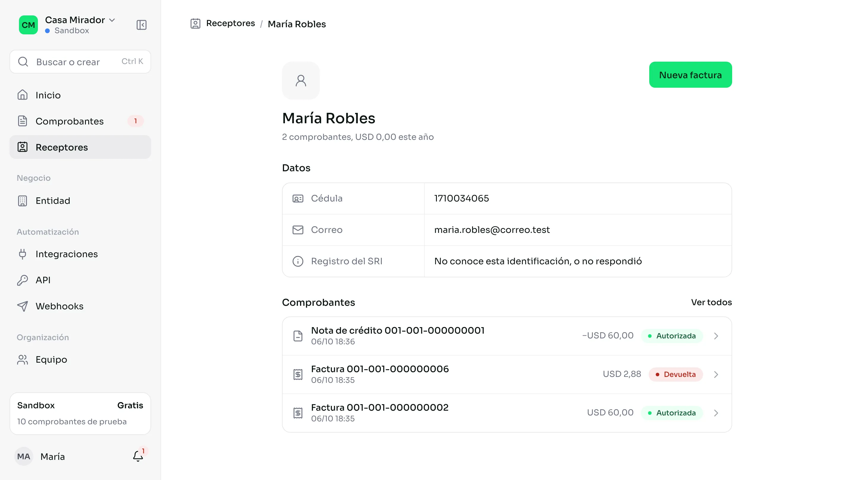 La página de un receptor con sus datos y sus comprobantes recientes