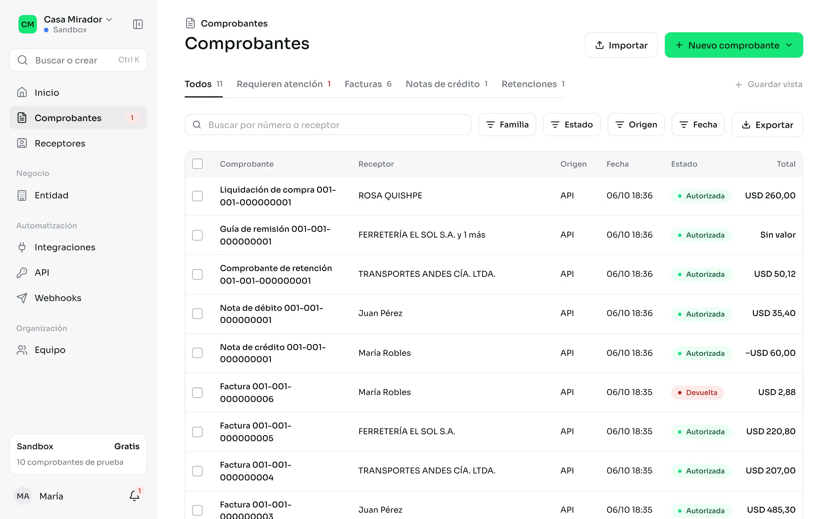 El buscador abierto con las acciones para emitir y cambiar de negocio