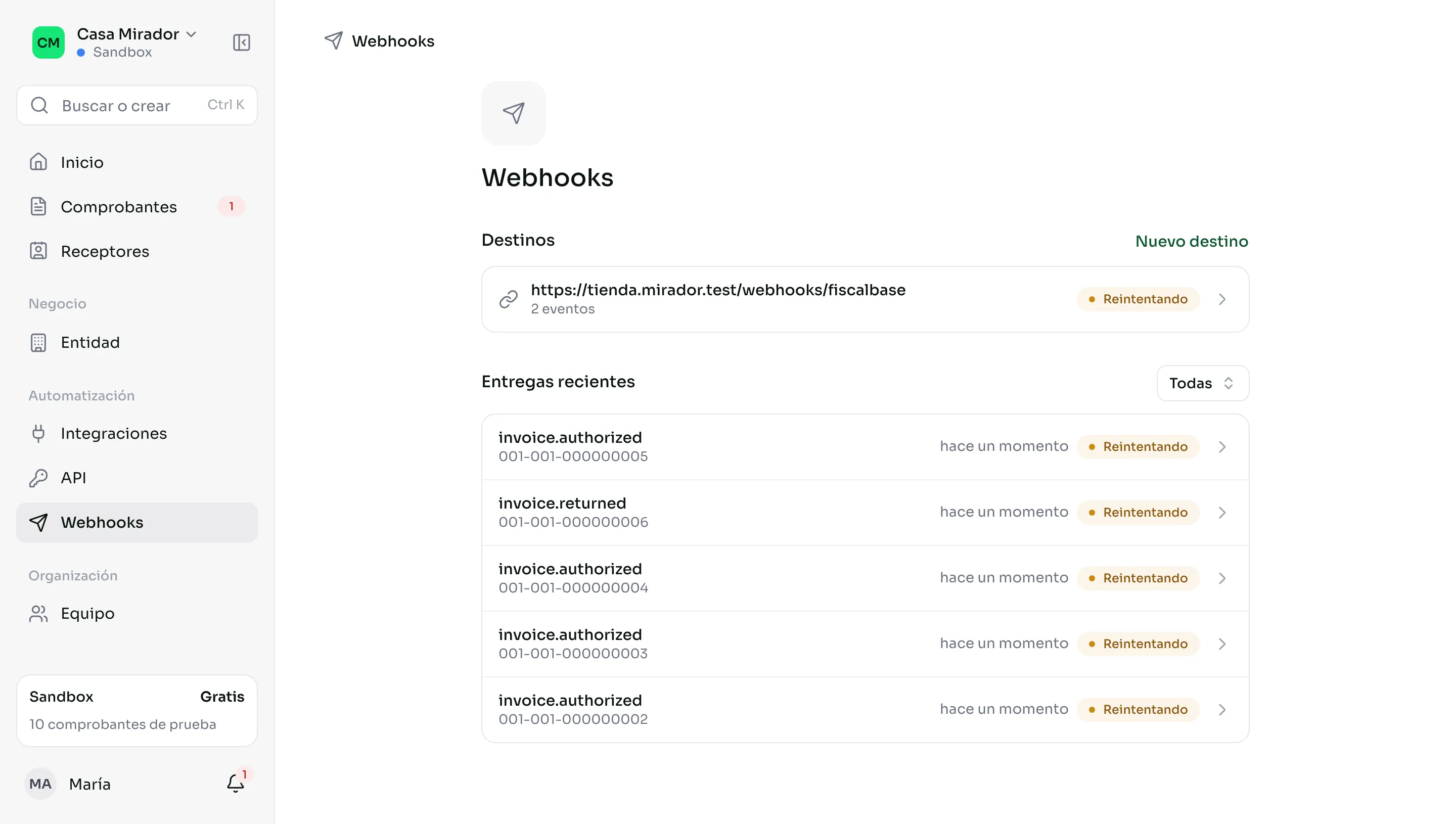 Webhooks con un destino y sus entregas recientes