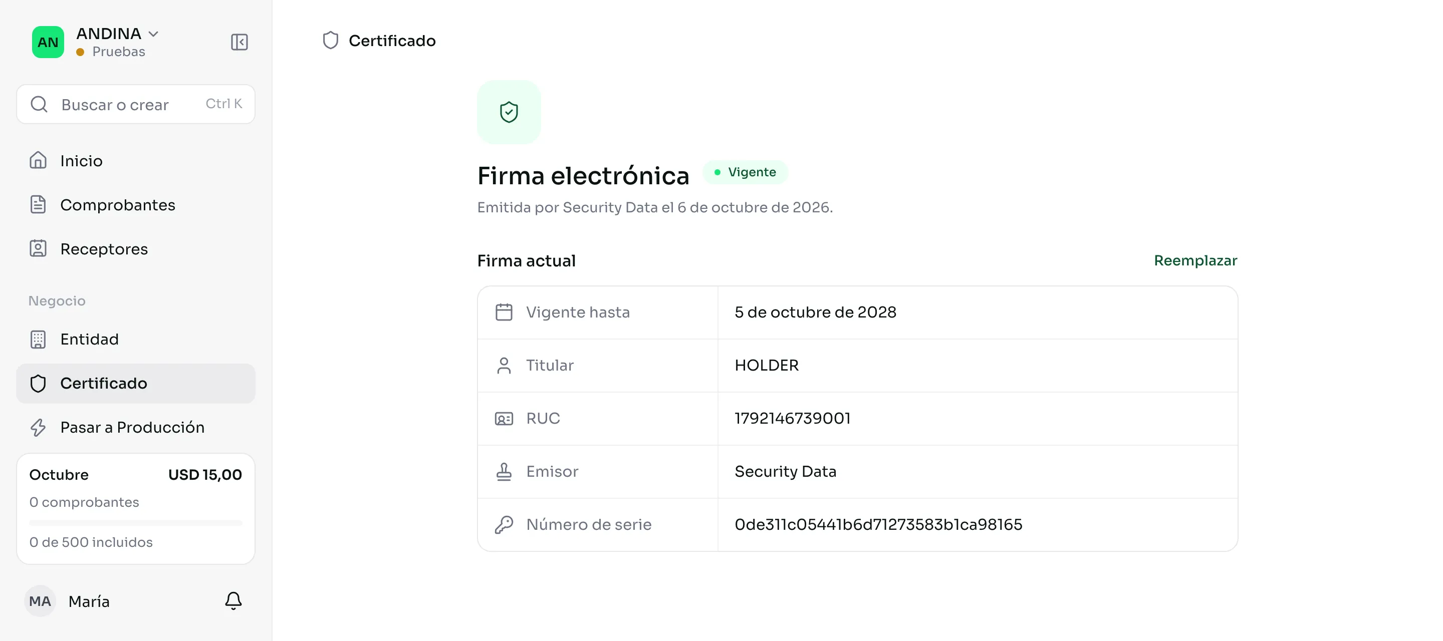 La página Firma electrónica con el certificado vigente, su titular y su vencimiento