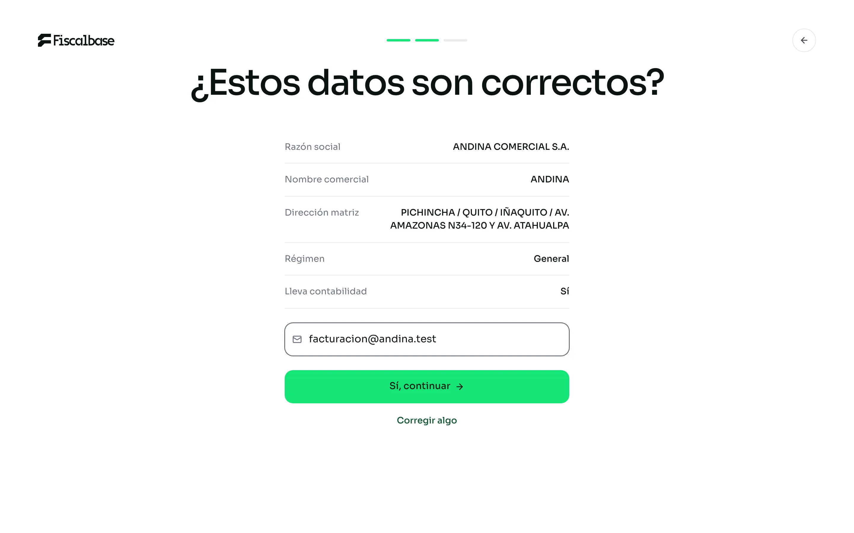 La confirmación de los datos del SRI con el correo para los clientes