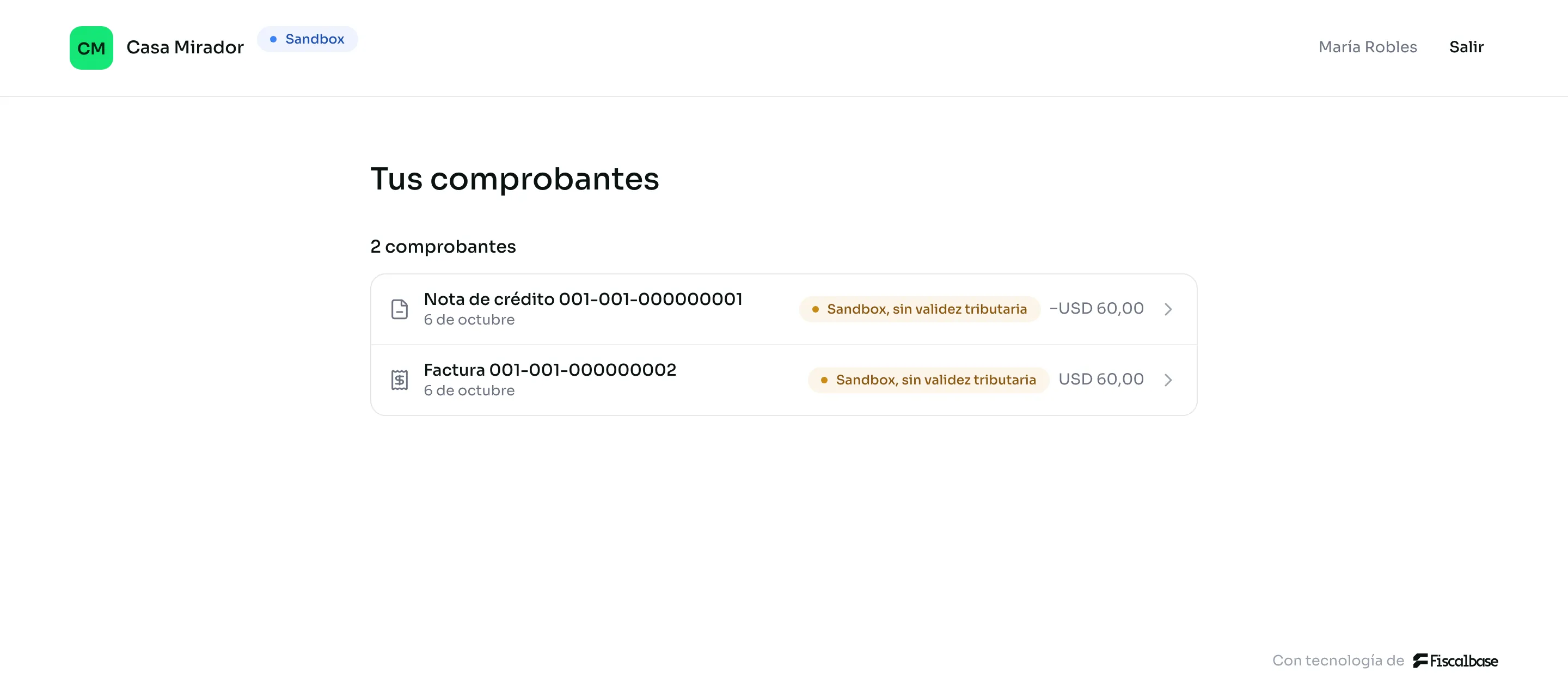 La lista de comprobantes del receptor en el portal